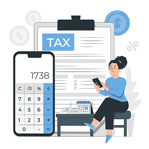 Illustration of a woman sitting on a bench tapping on a tablet in front of a large calculator and large clipboard with tax written on the paper. A table is beside the woman with paper and a desk calendar on top.
