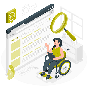 Illustration d’une femme en fauteuil roulant tenant un ordinateur. Son regard est orienté vers un mur constitué d’une page Web affichant une zone de recherche, à côté d’elle. Une loupe de grande taille se trouve au-dessus de sa tête.