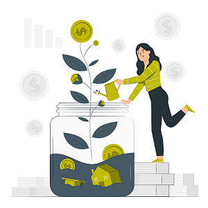 Illustration d’une femme se tenant debout sur une pile de billets de banque et arrosant une plante dans un grand bocal en verre sur laquelle pousse de l’argent. Dans le bocal, il y a une maison, un mortier et des pièces de monnaie.