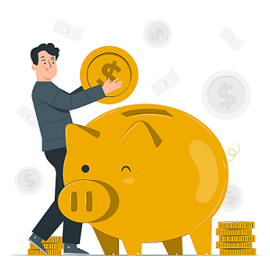 Illustration of a man putting a large oversized coin into a large oversized piggy back with large coins piled on the ground.